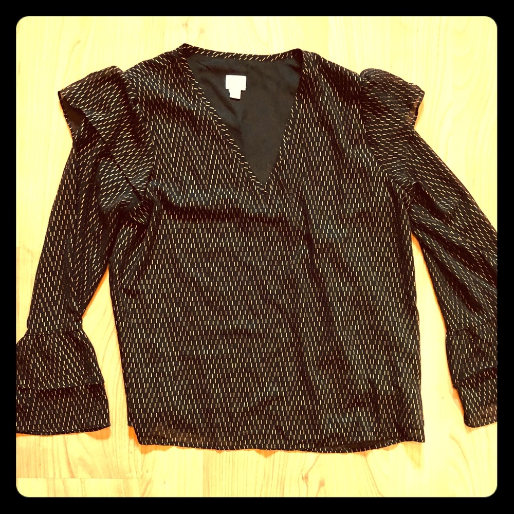 Sheer Gold and Black Ruffled Blouse